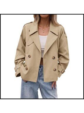 Womens Cropped Trench Coat Double Breasted Fall Work Jacket Relaxed Fit